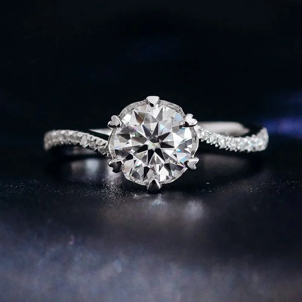 😍MOISSANITE SILVER ROUND TWISTED BIG FLOWER SOLITAIRE ENGAGEMENT RING, K758